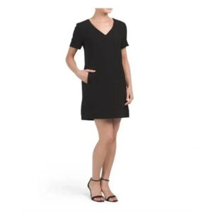 Theory V-neck Crepe Banded Shift Dress Admiral Crepe Light Solid Black Size 8